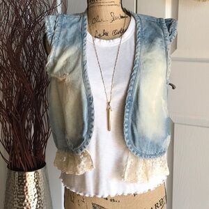 FARM Rio Light Blue Distressed Denim Vest with Lace Trim